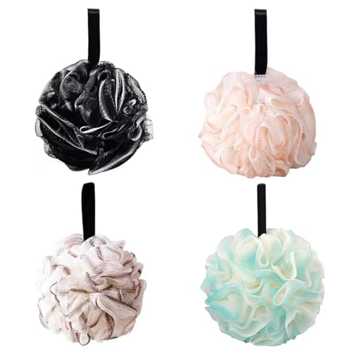 4 esponjas de baño: bolas de baño, esponjas de malla de espuma. Suaves y con mucha espuma para la limpieza y la exfoliación.