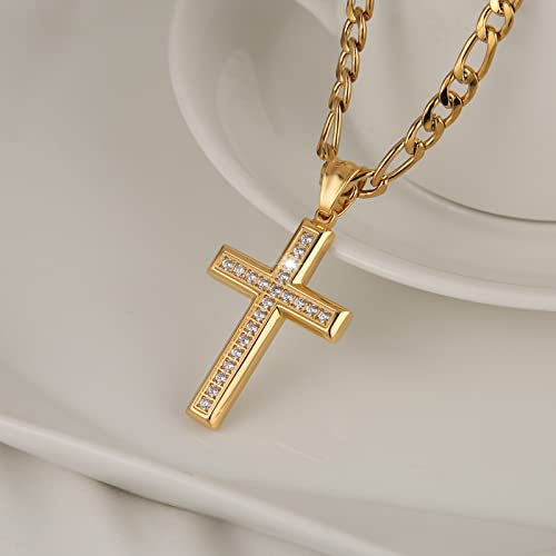 HZMAN 24K Gold-Plated Solid CZ Cross Necklace for Men Women Stainless Steel Religion Jewelry with 24 Inch Figaro Chain2