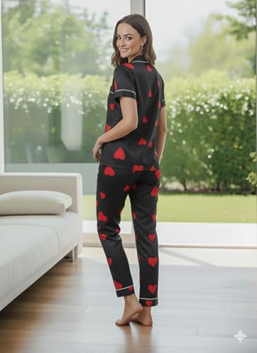 Image of Women's Lycra Heart Printed Night Suit Set of Shirt & Pajama Set Women Night Wear Set,Night Dress for Woman