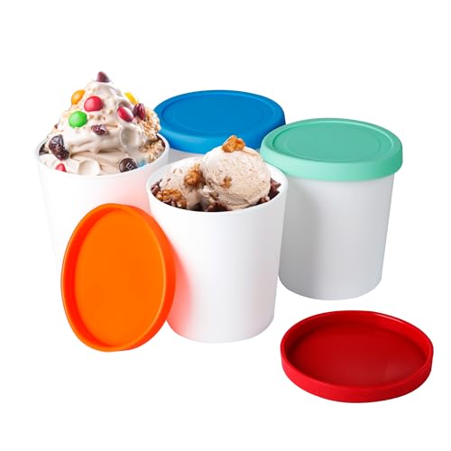 Ice Cream Containers for Homemade (4 Pack - 1 Quart Each), Reusable PP Plastic Ice Cream Storage Containers for Freezer, Leak-Free Ice Cream Containers with Silicone Lids by LayYun - Used condition - CA$18.19