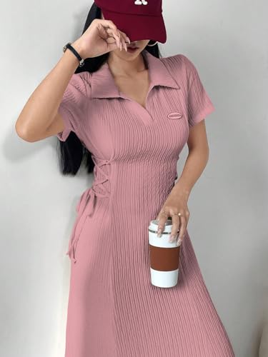 Image of Shasmi Women's Solid Color Applique Lace-Up Collared Short Sleeve, Side-Tie Waist Long Casual Maxi Women Dress Outfit Long Evening Midi Western Party Dress for Women (Dress 211)