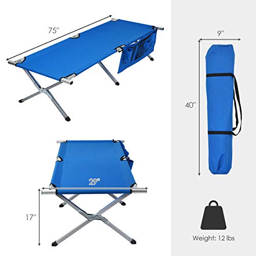 Goplus Folding Camping Cot, Heavy-Duty Foldable Bed For Adults Kids W/Carry Bag, Side Pockets, 450 Lbs (Max Load), Outdoor Portable Sleeping Cot For Traveling (Blue) #TOP5