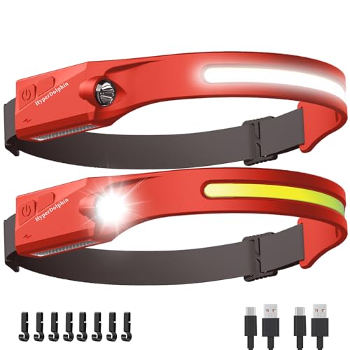 HyperDolphin Headlamp Rechargeable LED (2-Pack, Red) 230° Wide Beam, USB-C Lightweight Head Lamp, Long Runtime, Water-Resistant for Camping, Hiking, Running, Fishing, Repair Work