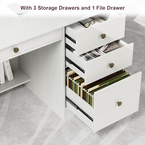 TTVIEW Computer Desk with Drawers and Hutch Shelf, Wood Executive Desk Writing Study Table with 43” Wide Tabletop, Small Desk with File Drawer for Home Office Bedroom, White Oak