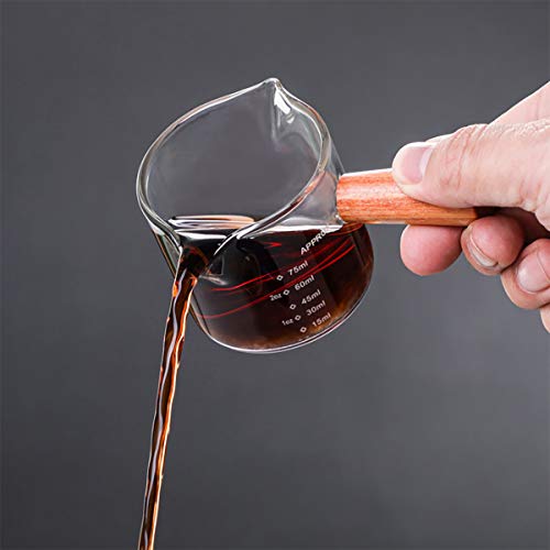 Dadamong Espresso Shot Glass 2.5-Ounce (75Ml), Double Spouts Measuring Cup Triple Pitcher Mini Milk Cup With Wood Handle Glass Creamer For Coffee Tea Milk Or Maple Syrup Serving #TOP4