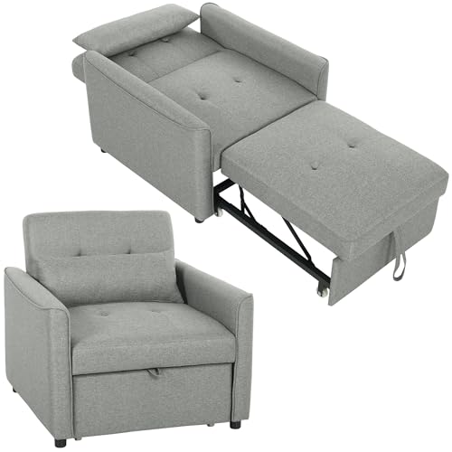 HOMCOM 3-in-1 Schlafsessel Umwandelbarer Sessel mit Bettfunktion, Verstellbarer Rückenlehne, Breiter Sitzfläche, Lendenkissen, Schlafsofa mit Leinenoptik für Wohnzimmer, Wohnung, Grau