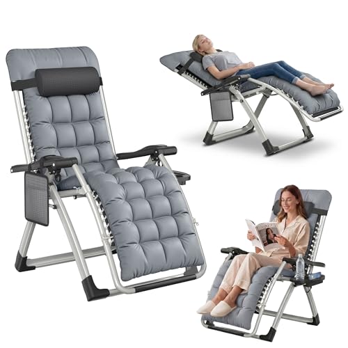 UISEBRT Chaise longue pliable avec fonction allongée, chaise longue réglable de 90 à 170 °, avec coussin de nuque, porte-gobelet et poche latérale, charge...