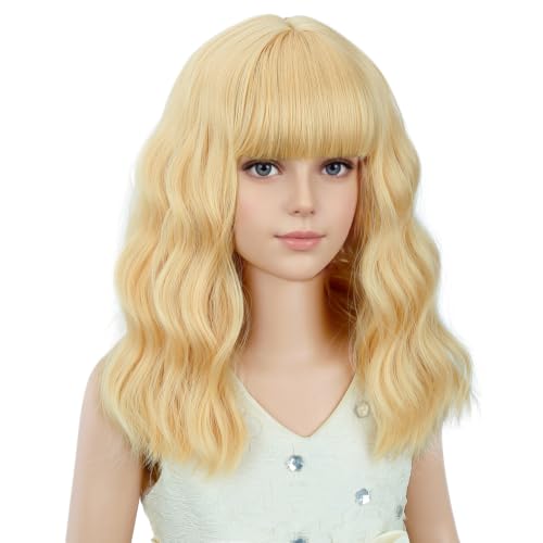 Image of PATTNIUM Light Blonde Wig for Kids Girls Short Butter Blond Curly Wigs with Bangs Shoulder Length Wavy Heat Resistant Synthetic Wig