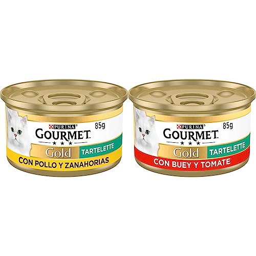 Purina Gourmet Gold Tartalette, Comida Húmeda para Gato con Pollo y Zanahoria, 24 latas de 85g & Purina Gold Tartalette, Comida Húmeda para Gato con Buey y Tomate, 24 latas de 85g