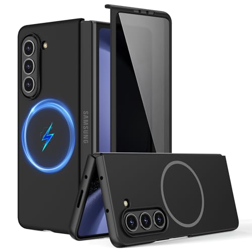 HWeggo für Samsung Galaxy Z Fold 5 5G Hülle mit integriertem Sichtschutz Unterstützt Magnetisches Kabelloses Laden Schlankes Dünnes Vollschutz Handyhülle Design Schwarz