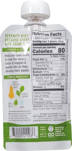 Image of Serenity Kids 6+ Months USDA Organic Veggie Puree Baby Food Pouches | No Sugary Fruits or Added Sugar | Allergen Free | 3.5 Ounce BPA-Free Pouch | Butternut Squash & Spinach | 1 Count (Pack of 2)