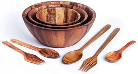 Large Acacia Wood Nesting Round Set 3 Serving Bowls 9½” 8½” 7” with Utensils Wooden Forks and Spoons Mix size Stackable Dish for Fruit Salad Vegetables Pasta Soup Cereals Decorative Wooden Nest Bowl