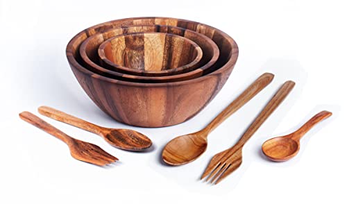 Large Acacia Wood Nesting Round Set 3 Serving Bowls 9½” 8½” 7” With Utensils Wooden Forks And Spoons Mix Size Stackable Dish For Fruit Salad Vegetables Pasta Soup Cereals Decorative Wooden Nest Bowl #TOP6
