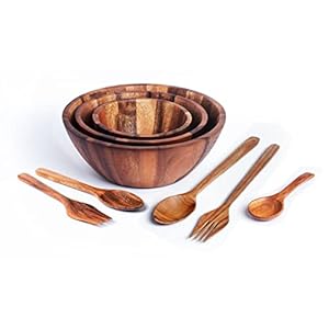 Large Acacia Wood Nesting Round Set 3 Serving Bowls 9½” 8½” 7” with Utensils Wooden Forks and Spoons Mix size Stackable Dish for Fruit Salad Vegetables Pasta Soup Cereals Decorative Wooden Nest Bowl