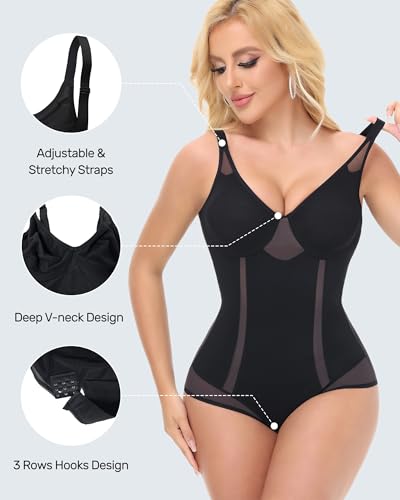 Image of SHAPESHE Mesh Slim Shapewear Corset Bodysuit Women Seamless Tummy Control | Seamless,Low Back,Underwire No Bra,V Neck,Going Out,Full Body Shaper,Lift