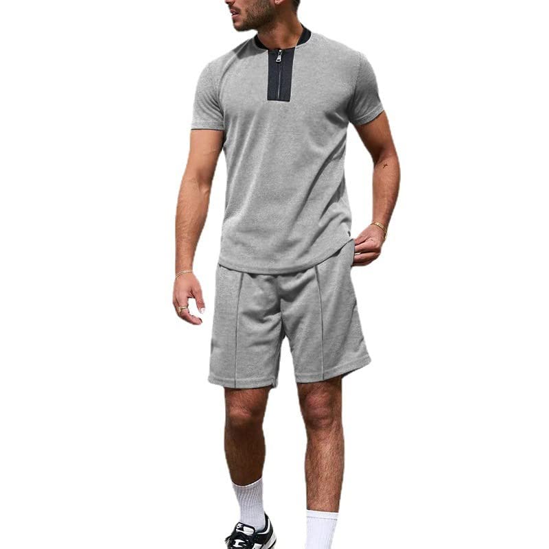 2 pezzi polo e pantaloncini, tuta da uomo set manica corta abbigliamento sportivo abbigliamento casual regular fit tuta estiva sportiva tuta da palestra, Grigio chiaro, L