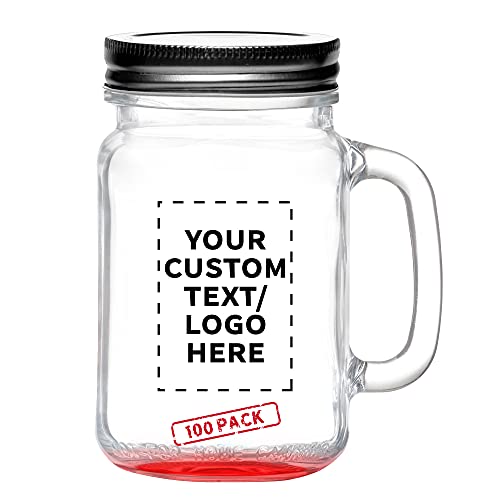DISCOUNT PROMOS Custom Libbey Handle Mason Jars w/Lids 16 oz. Set of 100, Personalized Bulk Pack - Traditional style, High standard - Red
