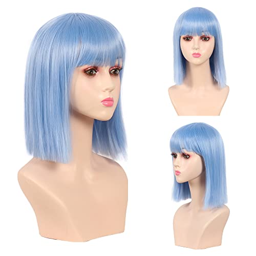 MEIRIYFA Bleu Perruque Bob courte avec frange pour femme, perruque complète synthétique naturelle droite pour un usage quotidien Cosplay de fête 30,5 cm