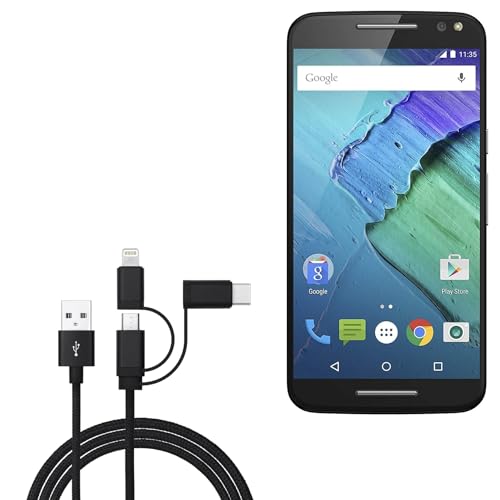 BoxWave Cable Compatible with Motorola Moto X Pure Edition - AllCharge 3-in-1 Cable - Jet Black