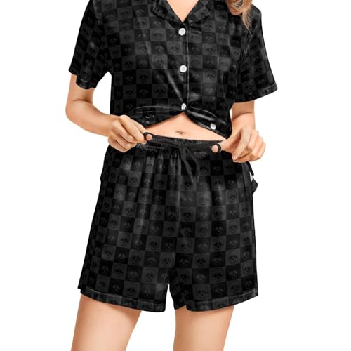 Image of Funny Pajamas for Women Set Print Satin Loungewear Pjs Short Sleeve Button Down Top and Shorts Sets Sleepwear XS-3XL
