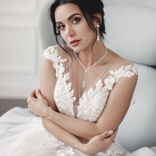 Rhinestone Bridal Jewellery Set Elegant Crystal Teardrop Pendant Necklace Drop Dangle Earrings Bracelet Sparkly Silver Jewellery Set for Brides Bridesmaid Women Girls Prom Costume Accessories - Image 4