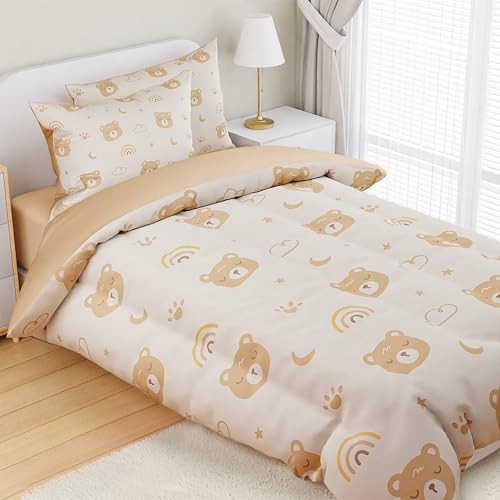 Image of SANDJEST Bear Comforter Set Full Size 98x86in for Kids Boys Girls Unisex, Microfiber 4 Pcs Bedding Set Includes 1 Comforter, 2 Pillowcases, 1 Fitted Sheet, Nursery Room Decor