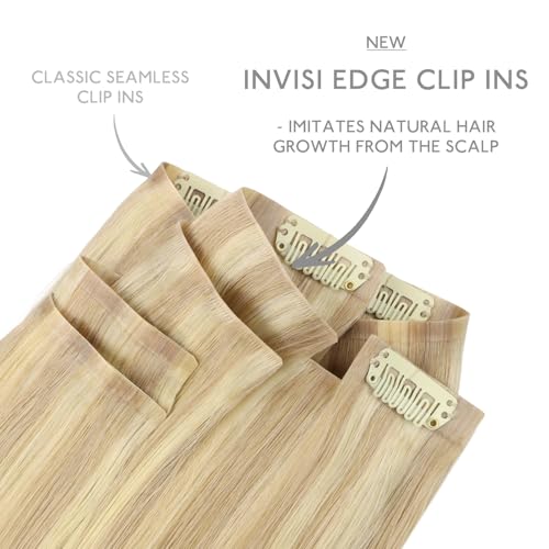 Image of WENNALIFE Invisi Edge Clip in Hair Extensions Real Human Hair, 22 Inch 150g 7pcs Light Blonde Highlighted Golden Blonde Hair Extensions for Women Invisible Straight Injection Extensions