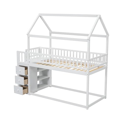 Image of Bellemave Bunk beds Twin Over Twin Size with Drawers and Shelves Storage, Floor bunk Bed,White