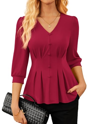GRACE KARIN Women Business Casual Tops, 2026 Spring Trendy Dressy Blouses, 3/4 Sleeve V Neck Work Shirts Burgundy XX-Large GRACE KARIN Women Business Casual Tops, 2026 Spring Trendy Dressy Blouses, 3/4 Sleeve V Neck Work Shirts Burgundy XX-Large