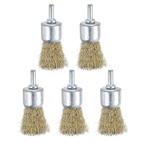 Image of uxcell 5pcs Wire Brush for Drill 1 inch Dia. Abrasive Wire Wheel 1 /4 inch Round Shank Carbon Steel Cup Brush Coarse Crimped Drill Attachment for Cleaning Rust Paint Abrasive