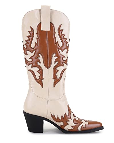 Image of ANN CREEK Women's 'Claremont' Sexy Cowboy Boots Mid Calf Knee-high Patchwork Dressy Cowgirl Western Woman Chunky Heel Pointed Toe Trendy Knee High Tall Boots