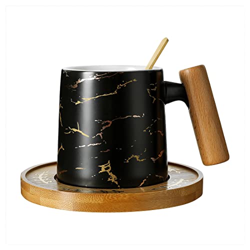 MINISO Luxury Golden Marble Mug and Saucers Set Coffee Mug Ceramic Coffee Cup 8 oz Matte Ceramic Latte Coffee Tea Cups with Wood Handle (Black, Cup & Coaster & Spoon)