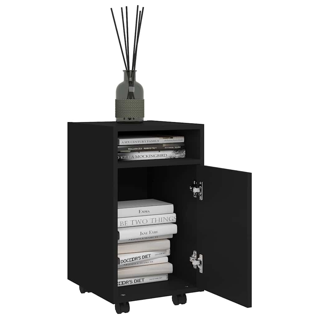 Beistellschrank mit Rollen Schwarz 33x38x60 cm Holzwerkstoff, Mehrzweckschrank mit Ablagefach und Türgriff, Ordnerschrank für Haushalt, Büro, Keller, Werkstatt, Flur, abschließbar, Stauraum