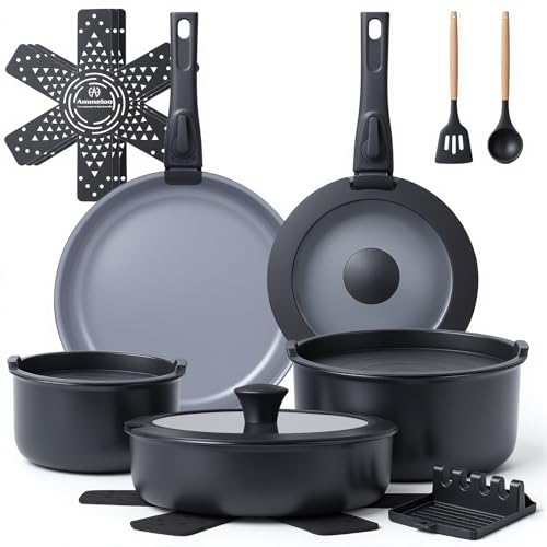 Ammeloo 18 Pcs Ceramic Pots and Pans Set Non Stick Kitchen Cookware Set with Detachable Handle, Non...