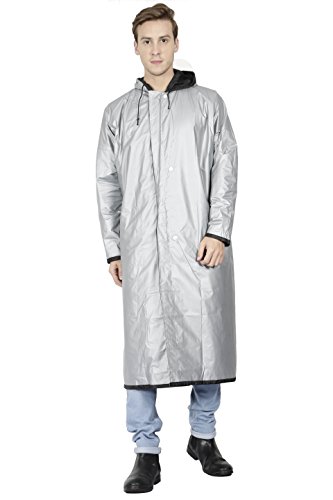 Image of FabSeasons Grey Reversible Waterproof Raincoat with Adjustable Hood and Reflector at Back for Night Visibility. Pack Contains Top, Bottom