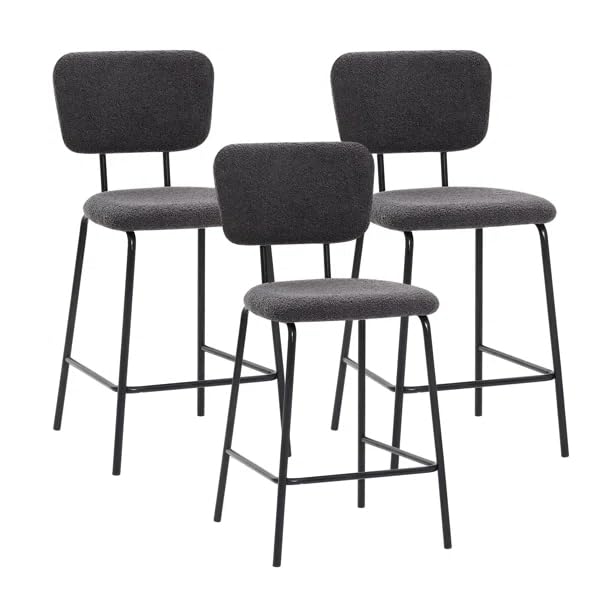 OAKHAMBar Stools Set of 3 Boucle Barstools Island Chairs Modern Kitchen Counter Stools Sherpa Bar Stools 24in Counter Height Stools with Back and Footrest for Kitchen Island Counter.(Grey)