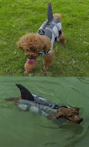 Aokay Hundeschwimmweste Hai,Größenverstellbarer Rettungswest für Hunde mit robustem Griff (S, Grau)