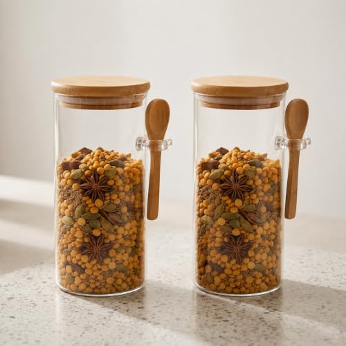 HomeWiz Glass Storage Jar Set of 2, 400ml with Bamboo Lid & Wooden Spoon - Airtight Kitchen Jars for Tea, Coffee, Sugar, Honey & Spices | Round Countertop Masala Container with Side Spoon Holder