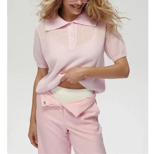 Women's Lapel Hollow Knitted Short Sleeved Sweater Bubble Sleeve T-Shirt Knitted Sweater2