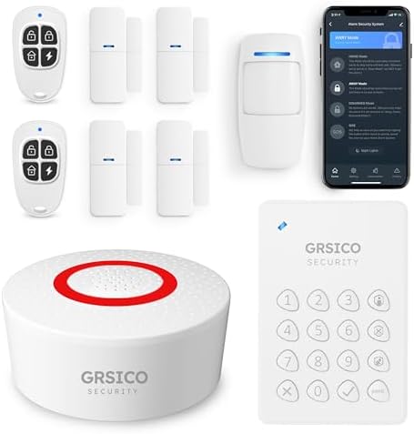 GRSICO Wireless Alarm System 9 Piece Kit, WiFi Alarm System for Home Security with Phone APP Alert (Alarm Siren, Keypad, Remote, Motion, and Door Sensors) for Home, Apartment, Compatible with Alexa
