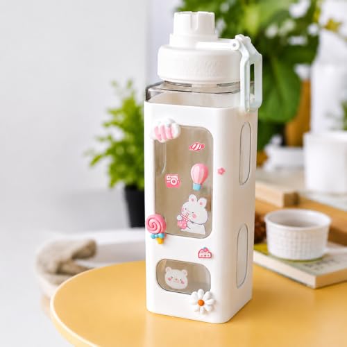 Image of Kawaii Bear Water Bottle with Straw & Stickers - 700ml Cute Square Plastic Drinking Bottle for Girls | Portable Juice /Tea /Sports Bottle (White)