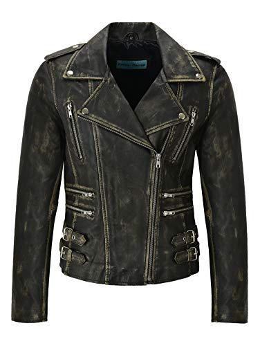 Veste en cuir pour femme biker jaune vintage : finitions soignées style 7113