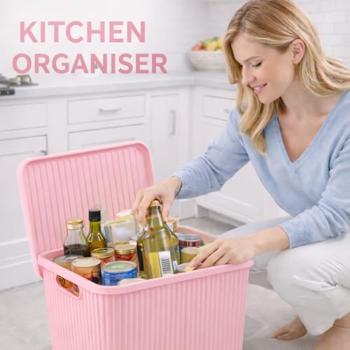 Image of Plastic Storage Box with Lid - Large Stackable Organizer Storage Box for Clothes, Toys, Kitchen - Big Size Plastic Storage Container Basket for Home, Office, Bathroom(Large,Pack of 1,Pink)
