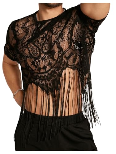 SHENHE Men's Sheer Floral Lace Fringe Short Sleeve Crewneck Cropped Tee Party Shirt Top3