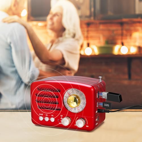 Image of PRUNUS J-160 Small Retro Vintage Radio with Bluetooth Speaker, Portable Transistor AM FM SW, Rechargeable Battery Operated, Support TF Card AUX USB MP3 Player(Red)