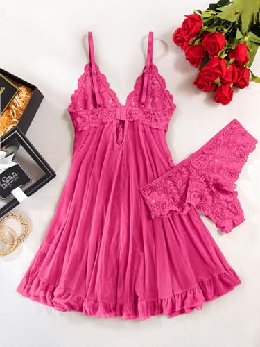 Image of Foxiny Sexy Ruffle Sheer Mesh Lace Wireless Babydoll Lingerie Dress with Thong 2 Piece