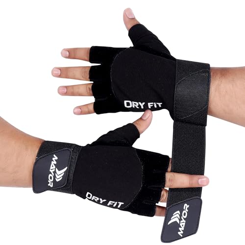 Image of Mayor Premium Dryfit Gym Gloves for Men & Women with Wrist Support Accessories for Weightlifting, Training, Exercise, Cycling Gloves, Bike Riding Gloves, Polycotton Blend (Black)