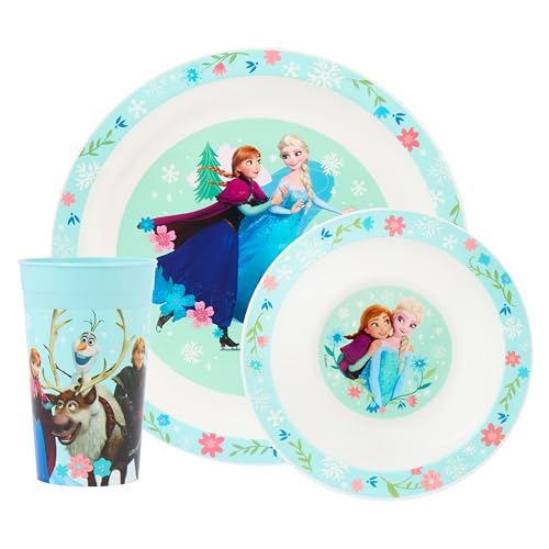 Disney La Reine des Neiges Service de table 3 pièces en polypropylène pour enfant – Assiette, bol et gobelet avec motif Anna, Elsa, Olaf, Kristoff et Sven...