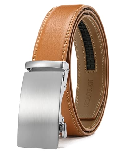Image of Chaoren Leather Ratchet Belt 2 Pack Dress with Click Sliding Buckle 1 3 /8 inch in Gift Set Box - Adjustable Trim to Fit