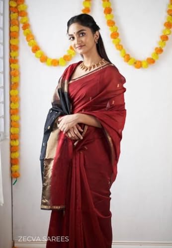 Image of ZECVA Women's Pure Soft Spun Cotton Lichi Silk Saree For Women With Attach Unstitch Blouse Piece